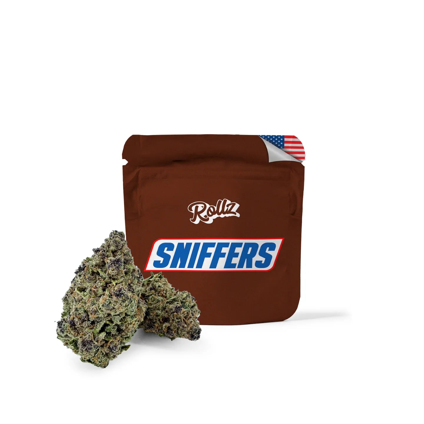 Rollz SNIFFERS - brown pouch with Rollz logo and SNIFFERS label, US flag detail in the corner, with dried cannabis flower in front