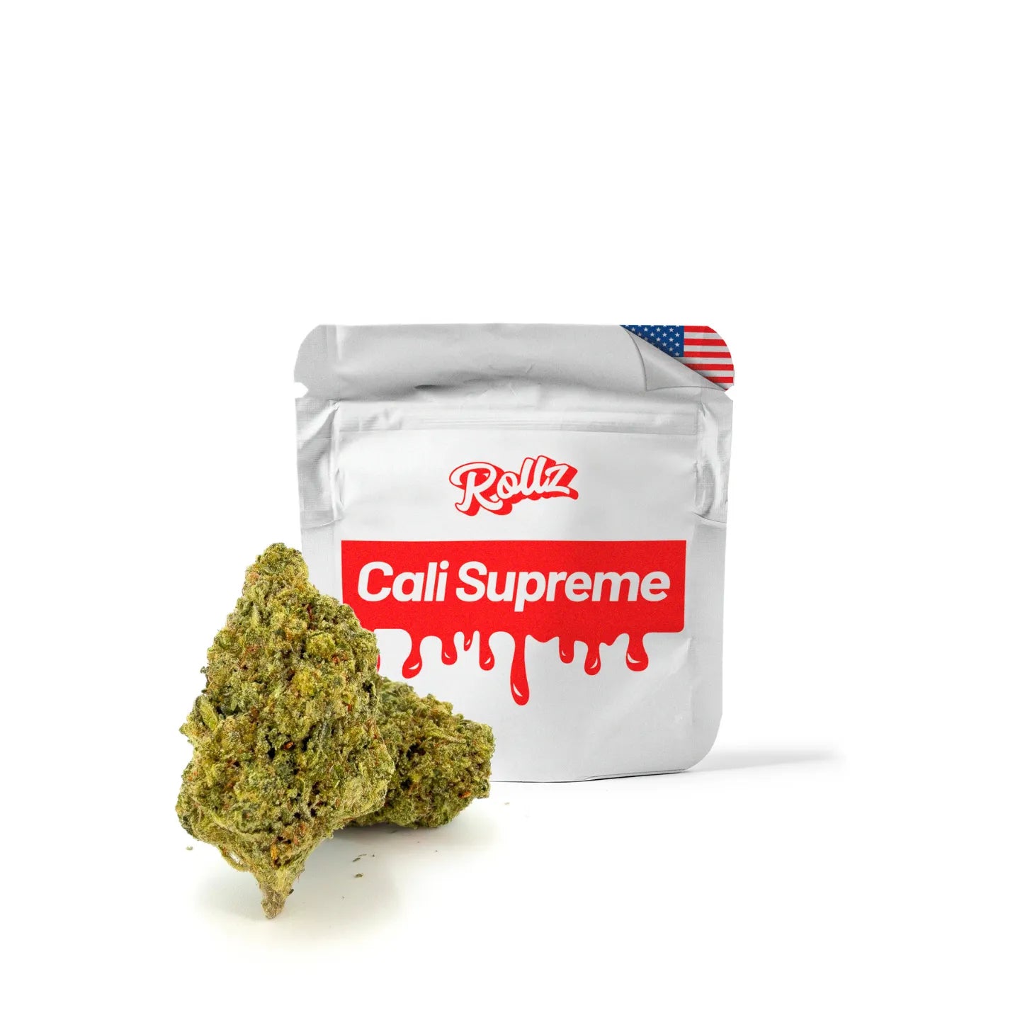 ROLLZ Cali Supreme THCA flower with silver pouch and premium green buds