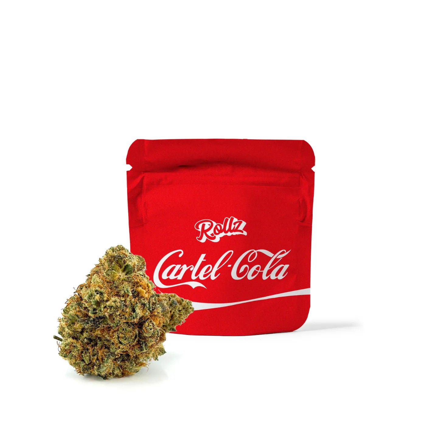 ROLLZ Cartel-Cola THCA flower with red pouch and resinous premium bud