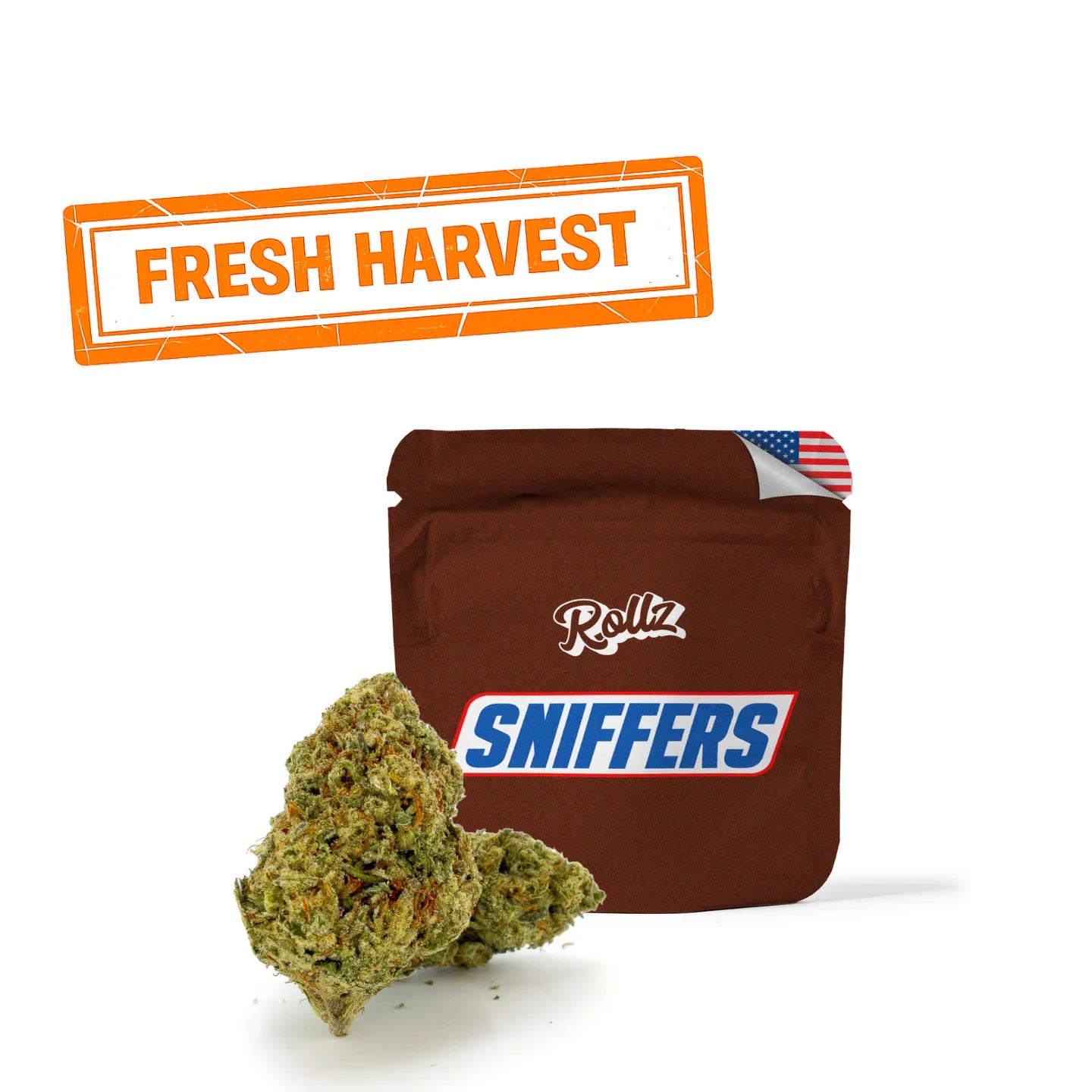 ROLLZ Sniffers THCA flower in brown pouch with Fresh Harvest stamp